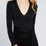 Alice + Olivia Kyra Deep V Drapey LS Mini Dress Size 0 Black Ruched Long Sleeve Photo 0