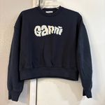 Ganni  Isoli Logo Crew Neck Sweater Embroidered Cropped Boxy Navy Blue S Photo 0