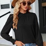 NEW Black Frilled Ruffle Neck Lantern Sleeve Smocked Cuff Blouse Size Medium Photo 2