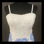 AUW  Off White & Blue Florals lace on top w/sheer lower sleeveless dress - Size L ***Refer to measurements as size tag removed. Adorable and conservative/ gently warn once. In excellent condition. Great for HOCO, weddings or dressy evening out or cruise. Measurements approximately 15.5-16” from armpit to armpit x 13” waste x 48” long. None smoking home. Priced to sell at as is condition. Don’t like my price make reasonable offer. Photo 3