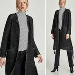 ZARA  Knit Shiny Long Sleeve Open Front Tie Waist Coatigan Navy Blue Women's M Photo 1