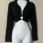 ZARA  Black O-Ring Collared V Neck Cutout Long Sleeve Cropped Blouse XL Photo 0