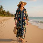 Johnny Was Mia Floral Border Long Dress Silk Blend Semi Sheer Size XS Photo 2