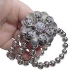 Statement Flower Bracelet Silver Tone Beaded Triple Strand Rhinestone Flower Photo 3