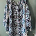 C Est 1947 Women's Blue White Cold Shoulder Kimono Tassel XL Dress Cover Up Photo 0
