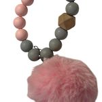 Pink Gray Beaded Keychain Pom Pom Wood Hexagon Charm Faux Fur Ball Photo 0