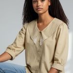 Pat Fashions Beige Lace Collar Puff Sleeve Button Up Shirt Women's Size M Tan Size M Photo 0