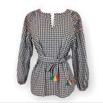 Madewell Smocked Black & White Checkered Gingham Tassel Top with Embroidery S Photo 2
