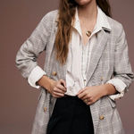 Free People Light Gray Plaid Blazer with Gold Buttons Photo 0