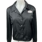 Nike Women's Black Silk Satin Button Down Embroidered Logo Bomber Jacket Top S Photo 0