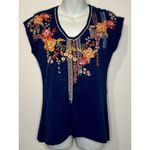 Sundance  Blue V-Neck Top Multicolor Floral Embroidery 100% Cotton Size XS EUC!! Photo 1