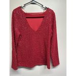 Jennifer Lopez  Red Sequin Sparkle Textured Long Sleeve V Neck Top Shirt Womens L Photo 2