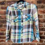 At Last  Brown Green Blue Plaid Long Sleeve Button Down Top Women's size Small Photo 0