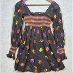 Urban Outfitters  Dress XS Isobel Black Floral Smocked Long Sleeve  Boho Mini Photo 0