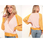 Free People  Auxton Pink and Mustard Yellow Thermal Long Sleeve Wrap Top Small Photo 1