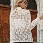 SheIn Coquette Sheer Lace Ruffle Mock Neck Long Sleeve Blouse Cream Small Photo 5