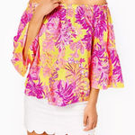 Lilly Pulitzer  Women’s XS Nevie Long Sleeve Off the Shoulder Calla Yellow Shirt Photo 0