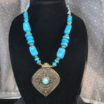Bohemian Chic Blue turquoise colored chunky statement necklace Large Amulet Photo 0