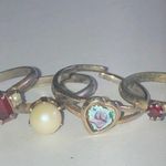 Lot of 4 Vintage Adjustable CZ Rhinestone Enamel Faux Pearl Boho Rings Silver Photo 0