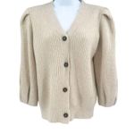 G. Label by GOOP Foster Ribbed Puff Sleeve Cardigan Sweater Ivory Merino Wool Photo 3