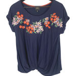 W5  Women's Embroidered Floral Blouse Size Small Navy Blue Short Sleeve Knot Hem‎ Photo 0