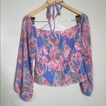Venus Y2K Pink Blue Leopard Cut Out Tie Front Smocked Off the Shoulder Blouse Photo 2
