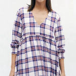 ZARA White Red Blue Plaid V/Neck Fit& Flare Pleat Tunic Midi Dress Sz L Photo 0