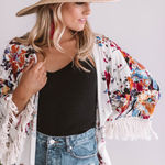 Umgee Kitschy Wearable Art Paint Splatter Colorful Women’s Floral Fringe Kimono Photo 0