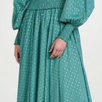Abacaxi Eva Dress Teal Metallic Cotton Maxi Puff Sleeve Smocked Bodice Sz Large Green Photo 0