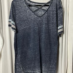 No Comment  Faded Blue Criss Cross V-Neck Top with Striped Sleeves Size 1X Photo 0