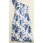 Eliza J Blue Floral Print One Shoulder Sheath Dress Metallic Ruffle Size 6 New Photo 13
