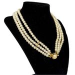 Vintage Gold Tone Triple Strand Faux Pearl Necklace with Pearl Centerpiece White Photo 1