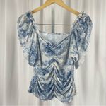 Cottagecore Medium Chic Tree Chinoiserie Art Artsy Print Puff Sleeve Ruched Top Blue Photo 1