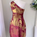 Aidan Mattox Burgundy & Gold One Shoulder Silk Mini Dress Photo 3