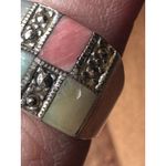 Vintage Sterling Silver 925 Jade and Mother of Pearl Marcasite Wide Ring Photo 3