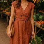 Luxology NWTs Rust Linen Dress Summer Spring Minimalist Button V Neck Boho Beach Photo 0