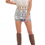 Solitaire  Cream Open Crochet Short Sleeve Top Womens Large Lace Beige Photo 0