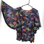Est. 1946 NWT Tropical Floral Sheer Mesh Ruffle Pom Pom Sleeve Stretch Blouse Photo 2
