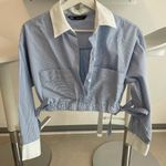 ZARA  blue & white tie strap bow cropped button front collar long sleeve shirt Photo 1