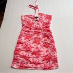 Lulus NWT  Hot Off The Mesh Pink Floral‎ Ruched Bodycon Halter Mini Dress LARGE Photo 4