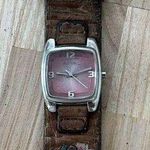 Fossil  Ladies Watch Brown Embroidered Leather Strap Rectangular Pink Dial Photo 0