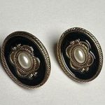 1928 Brand Gold Tone Black Enamel Faux Pearl Pierced Stud Earrings Photo 0