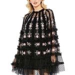 Mac Duggal  NWT Embroidered Long Flare Sleeve Mesh Dress in Black Multi Size 6 Photo 0