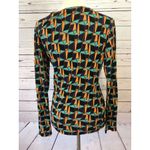 CAbi  Small Long Sleeve Shirt Faux wrap ruched Gathered Front Geometric‎ Colorful Photo 3