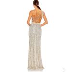 Mac Duggal 5687 SEQUINED ONE SHOULDER DRAPED LACE UP GOWN NWT Nude Silver 4 Photo 4