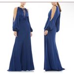 NWT IEENA Mac Duggal Plunge Neck Long Sleeve Satin Gown in Midnight Size 10 Blue Photo 1