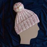 Handmade Knitted Ribbed Beanie With Pompom Soft Pink and White Warm Hat Cap Photo 1