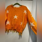 Zaful  Star Print Cropped Chewed Hem Sweater Orange and White LongSleeve One Size Photo 14
