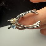Vintage Double Wishbone Brooch Pin Silver Tone Blue Rhinestone Faux Pearl Lucky Photo 4