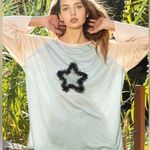 POL Cream and Peach Oversized Patch Star Raglan Long Sleeve Top, Medium NWOT Photo 0
